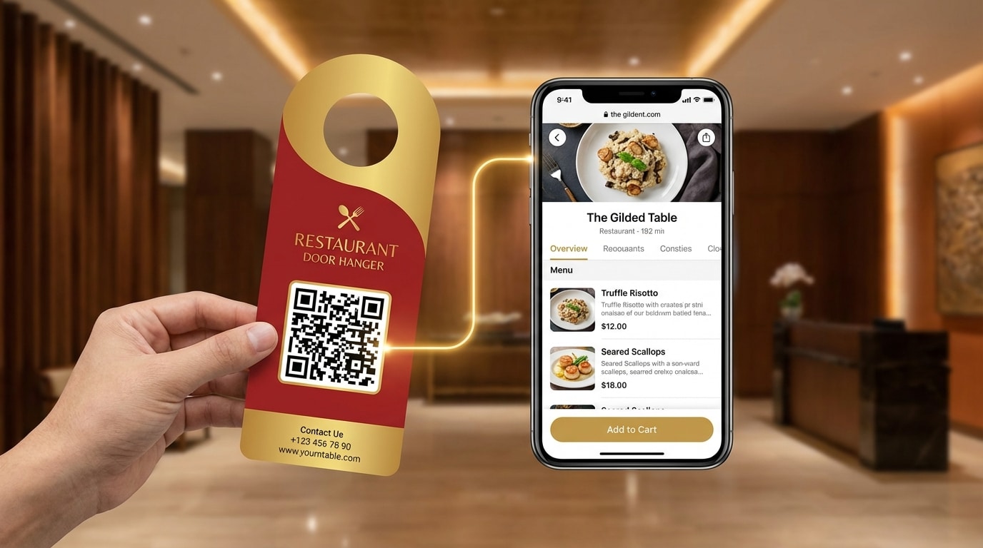 Restaurant door hanger with QR code linking to online ordering, showing phone scanning the code