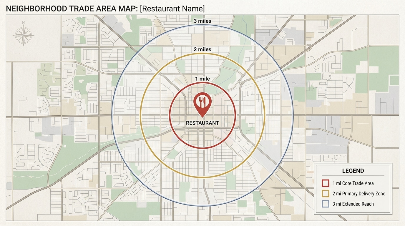 Restaurant door hanger targeting radius map showing 1-mile, 2-mile, and 3-mile delivery zones around a restaurant location
