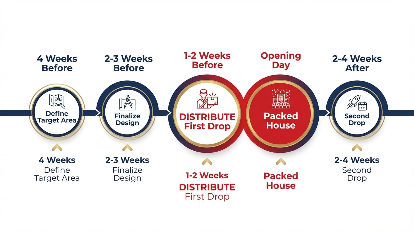 Restaurant grand opening door hanger campaign timeline infographic showing distribution schedule from two weeks before to four weeks after opening