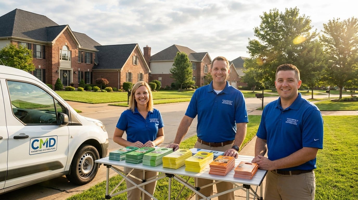 Distribution team organizing marketing flyers for a campaign in Chesterfield, St. Louis