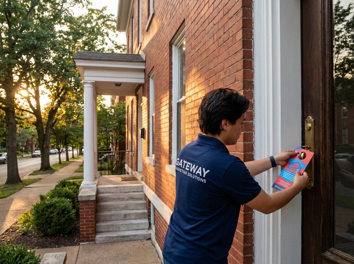 Distributor placing a marketing door hanger on a red brick home in Tower Grove, St. Louis