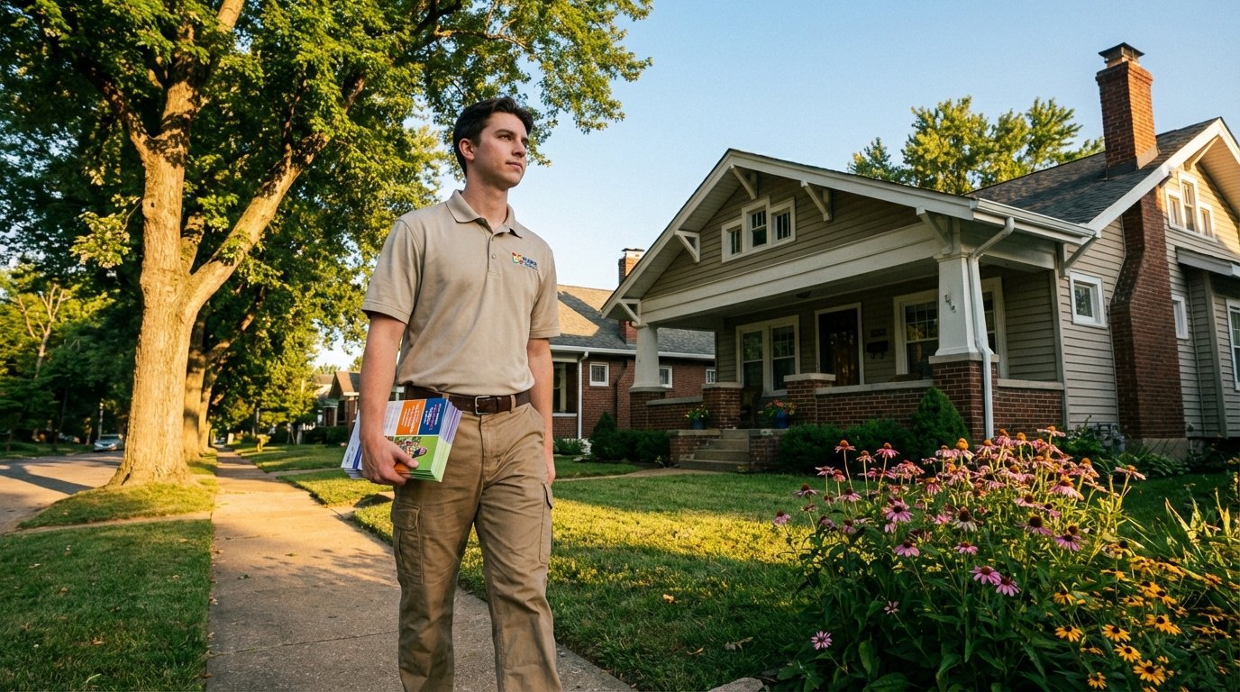 Door hanger distributor walking a tree-lined street in Kirkwood, St. Louis