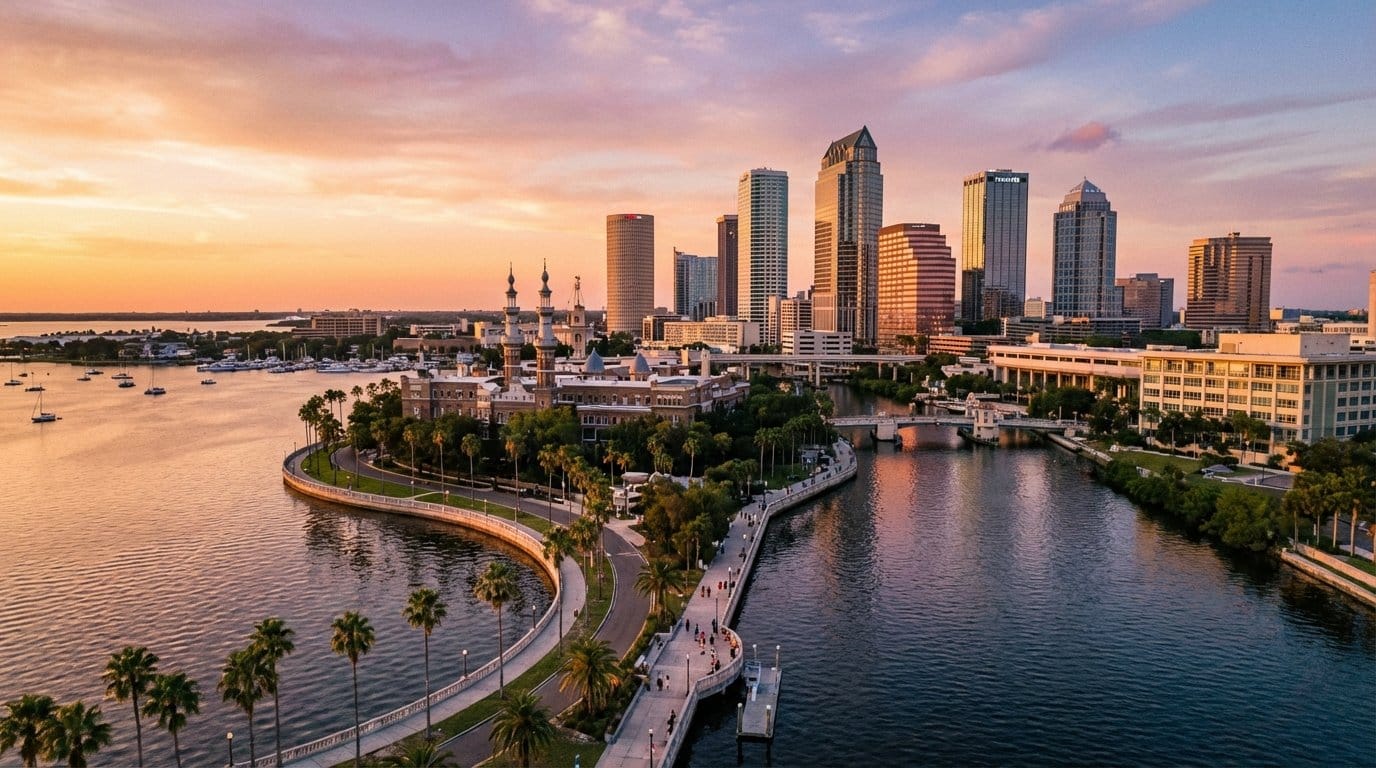 Tampa Bay skyline at sunset with the Hillsborough River and downtown Tampa towers reflecting off the water