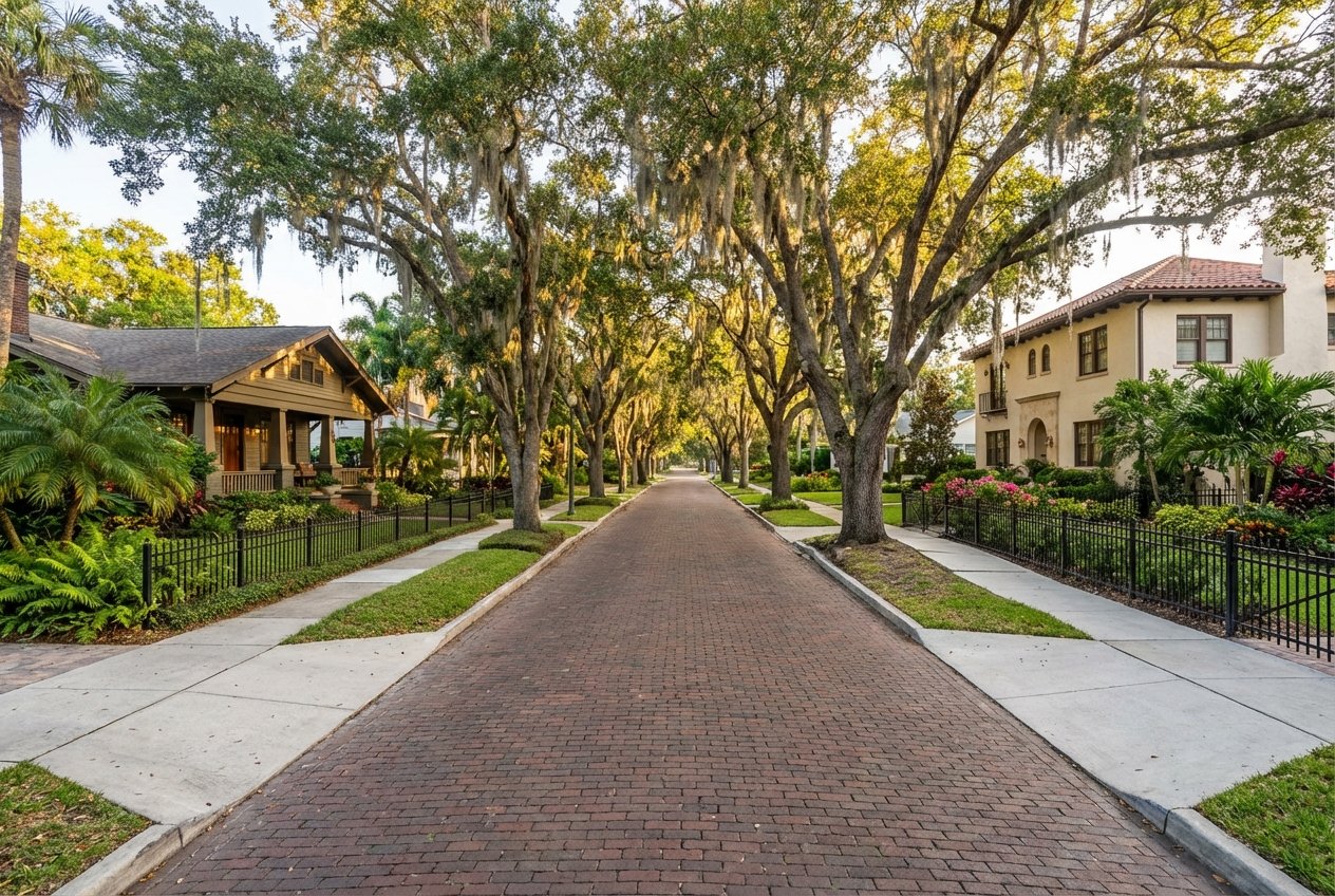 South Tampa residential neighborhood with palm-lined streets and Florida bungalow architecture