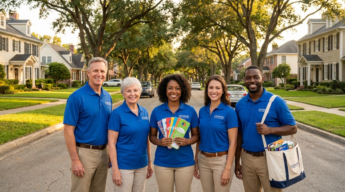 Diverse team of Direct to Door Marketing distributors in branded attire on suburban street