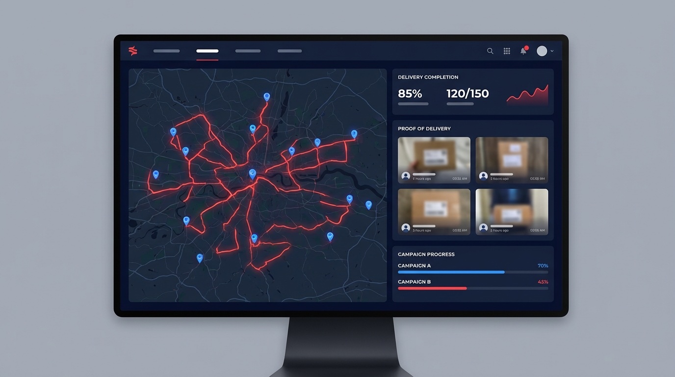 Direct to Door Marketing AI Management Platform monitoring door hanger delivery routes across the Memphis tri-state area with Proof of Delivery photo verification
