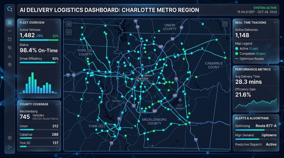 AI Management Platform dashboard showing real-time delivery tracking and proof of delivery for Charlotte campaigns