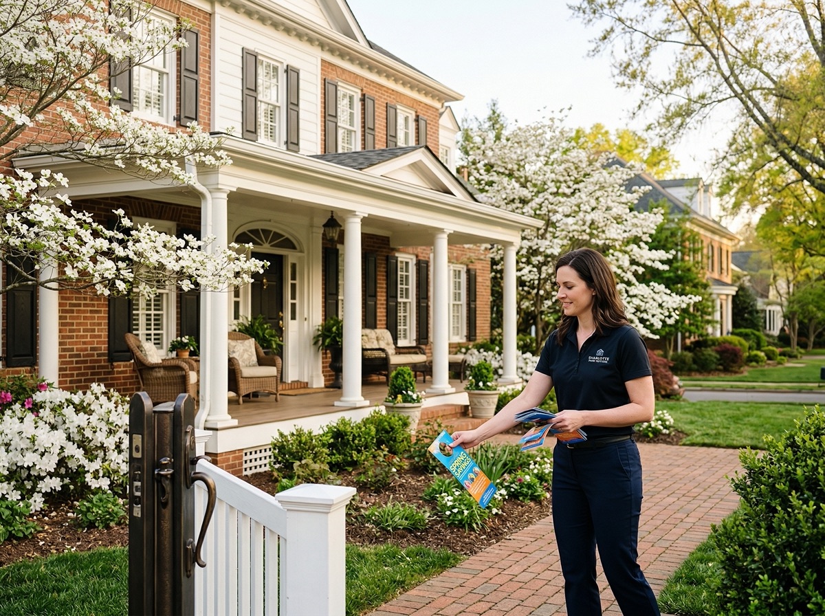 Professional door hanger delivery in progress at a Charlotte-area residential home
