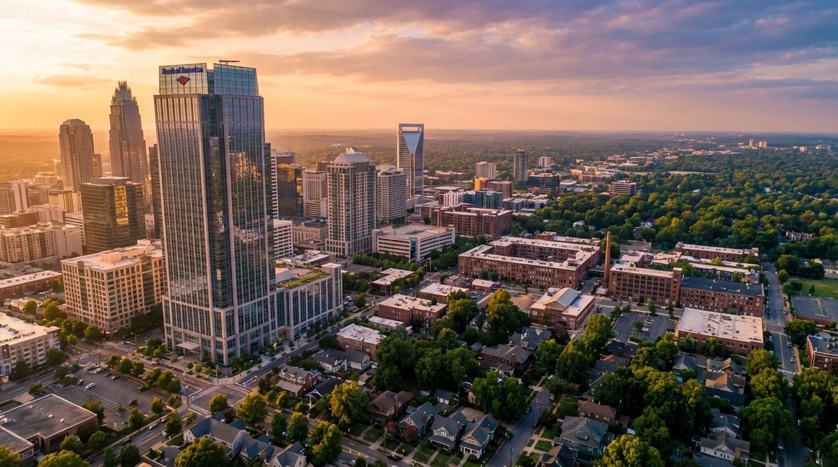 Aerial view of Charlotte NC uptown skyline and surrounding residential areas - flyer distribution territory