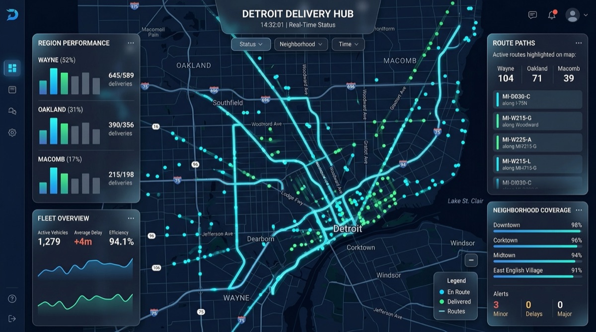AI Management Platform dashboard displaying delivery tracking and proof of delivery for Metro Detroit campaigns