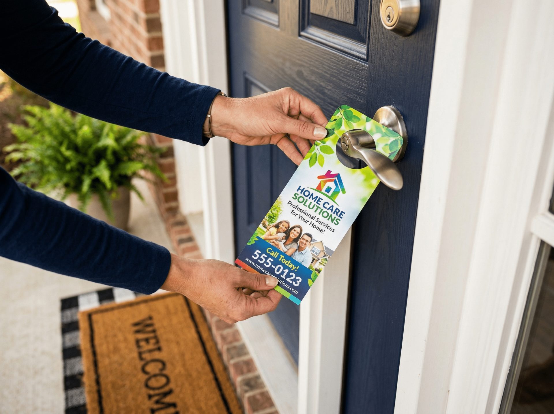 Professional door-to-door distributor placing a marketing piece at a residential door