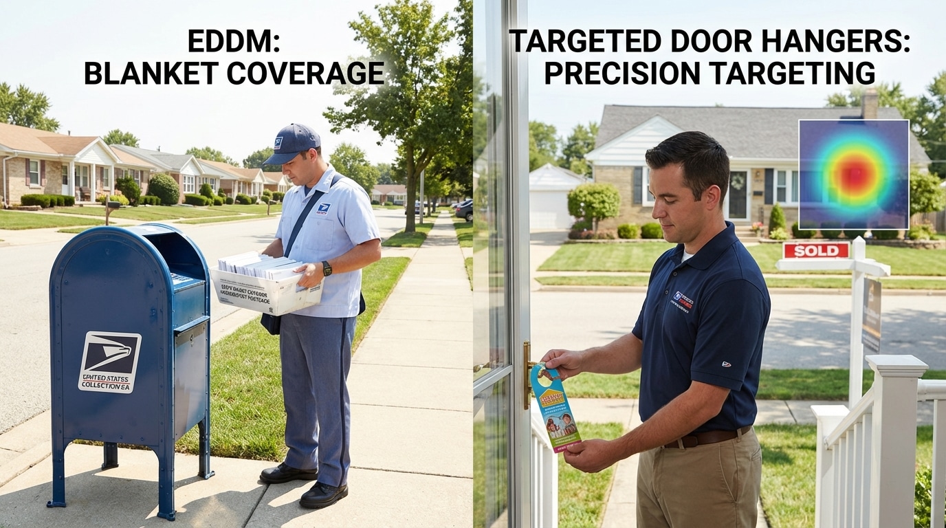 USPS carrier loading postcards into mailbox next to distributor placing a door hanger