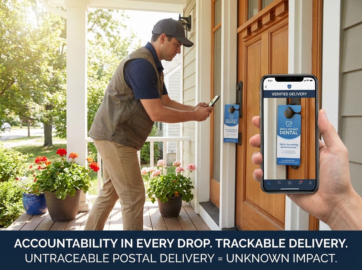 Distributor using a smartphone to photograph a door hanger on a residential front door