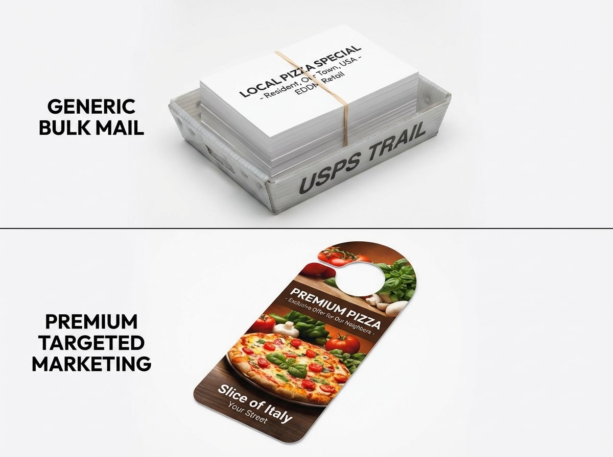 Generic EDDM postcards stacked next to a premium full-color door hanger on a doorknob