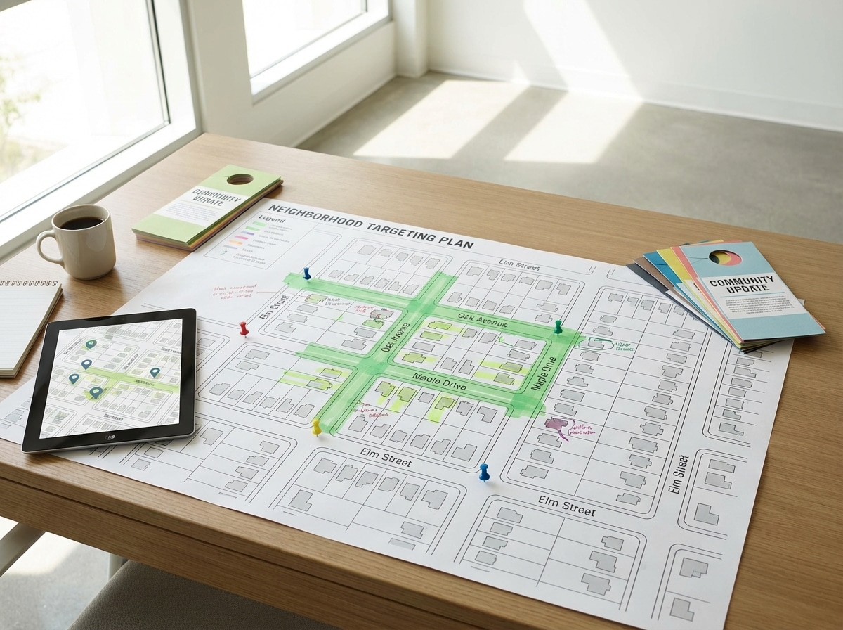 Overhead view of a neighborhood targeting map with color-coded delivery markers
