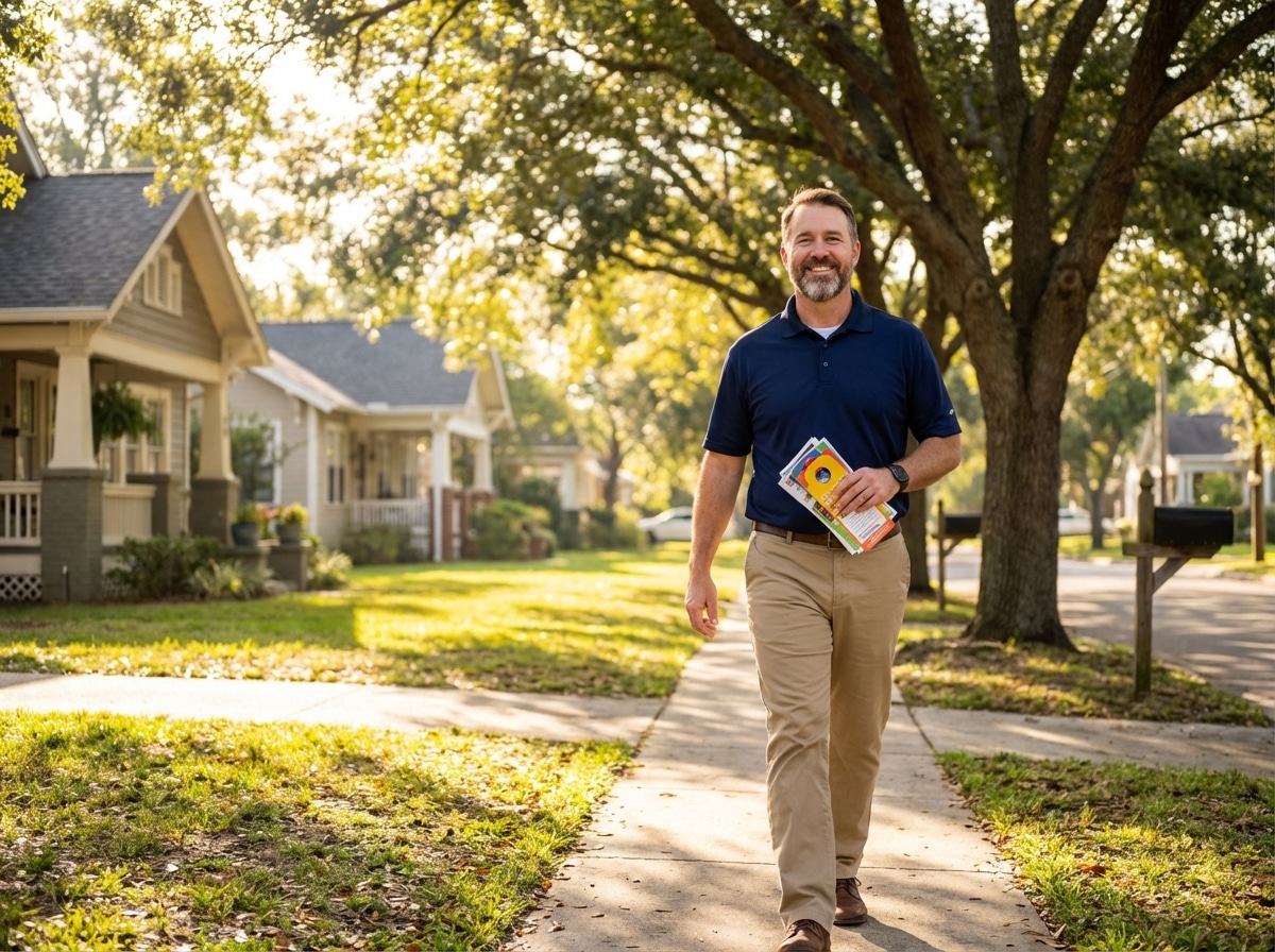 Professional door hanger distributor delivering marketing materials to residential home