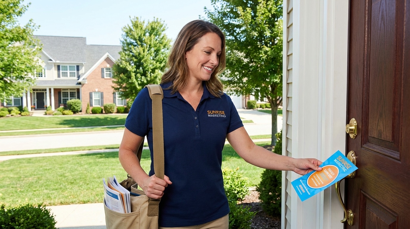 Professional distributor placing door hanger on a residential door in a Memphis neighborhood