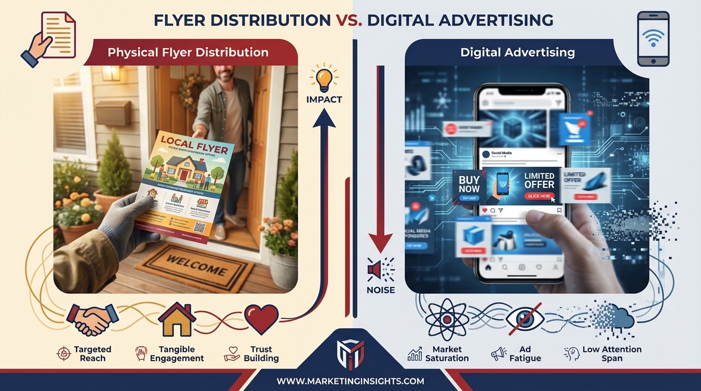 Comparison chart showing door hanger distribution advantages over digital advertising for Memphis businesses reaching the tri-state market