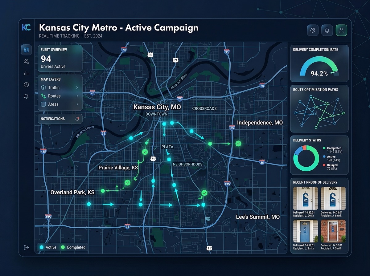 Direct to Door AI Management Platform showing delivery tracking and proof of delivery photos for Kansas City campaigns