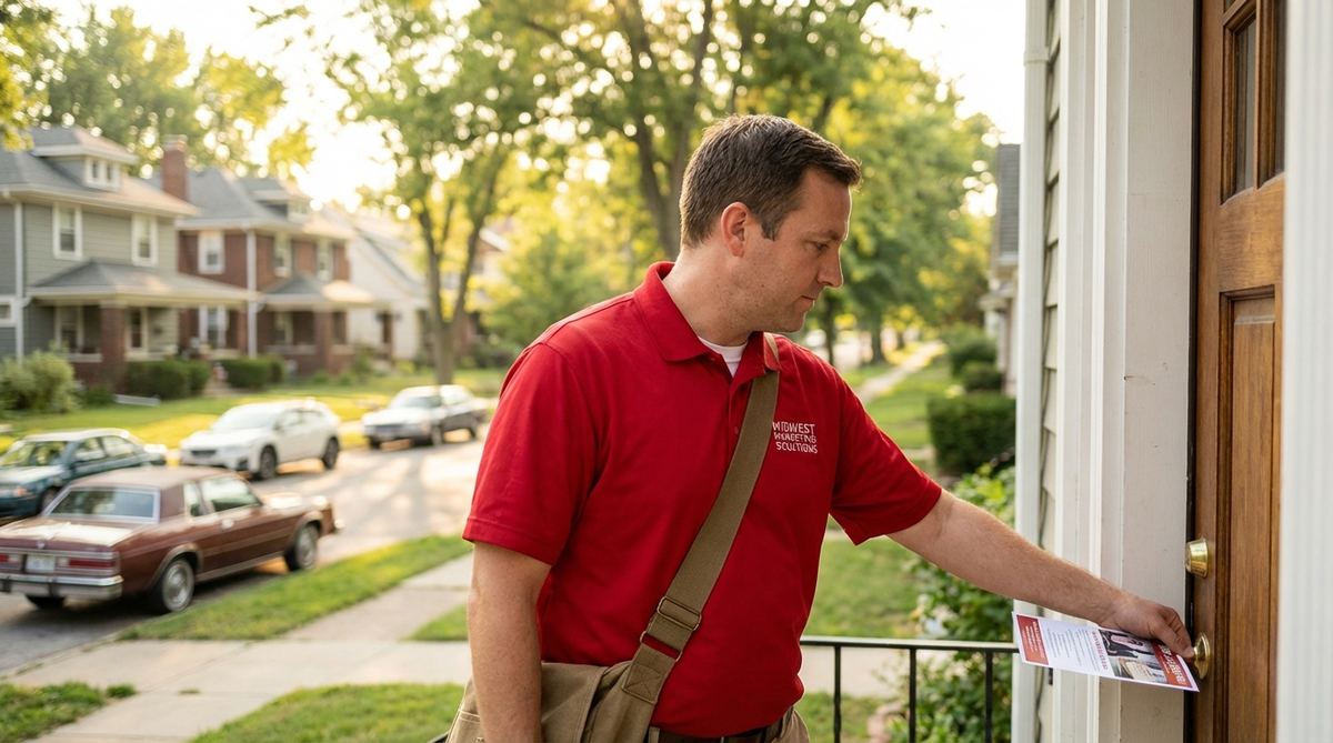 Professional door hanger distribution worker delivering marketing materials in Kansas City residential neighborhood