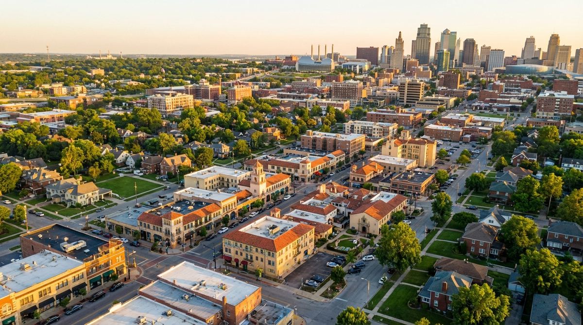 Aerial view of Kansas City Country Club Plaza and surrounding residential neighborhoods