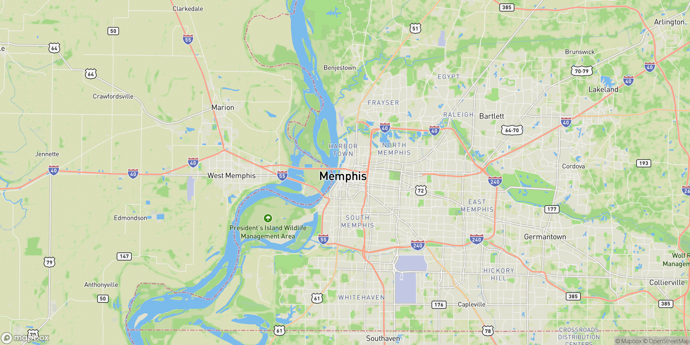 Memphis tri-state metropolitan area coverage map showing 9-county door hanger distribution area across Tennessee, Mississippi, and Arkansas