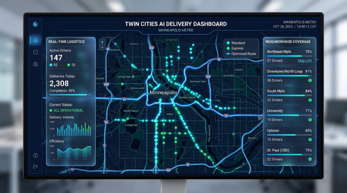 AI Management Platform dashboard showing Minneapolis flyer distribution tracking and proof of delivery verification