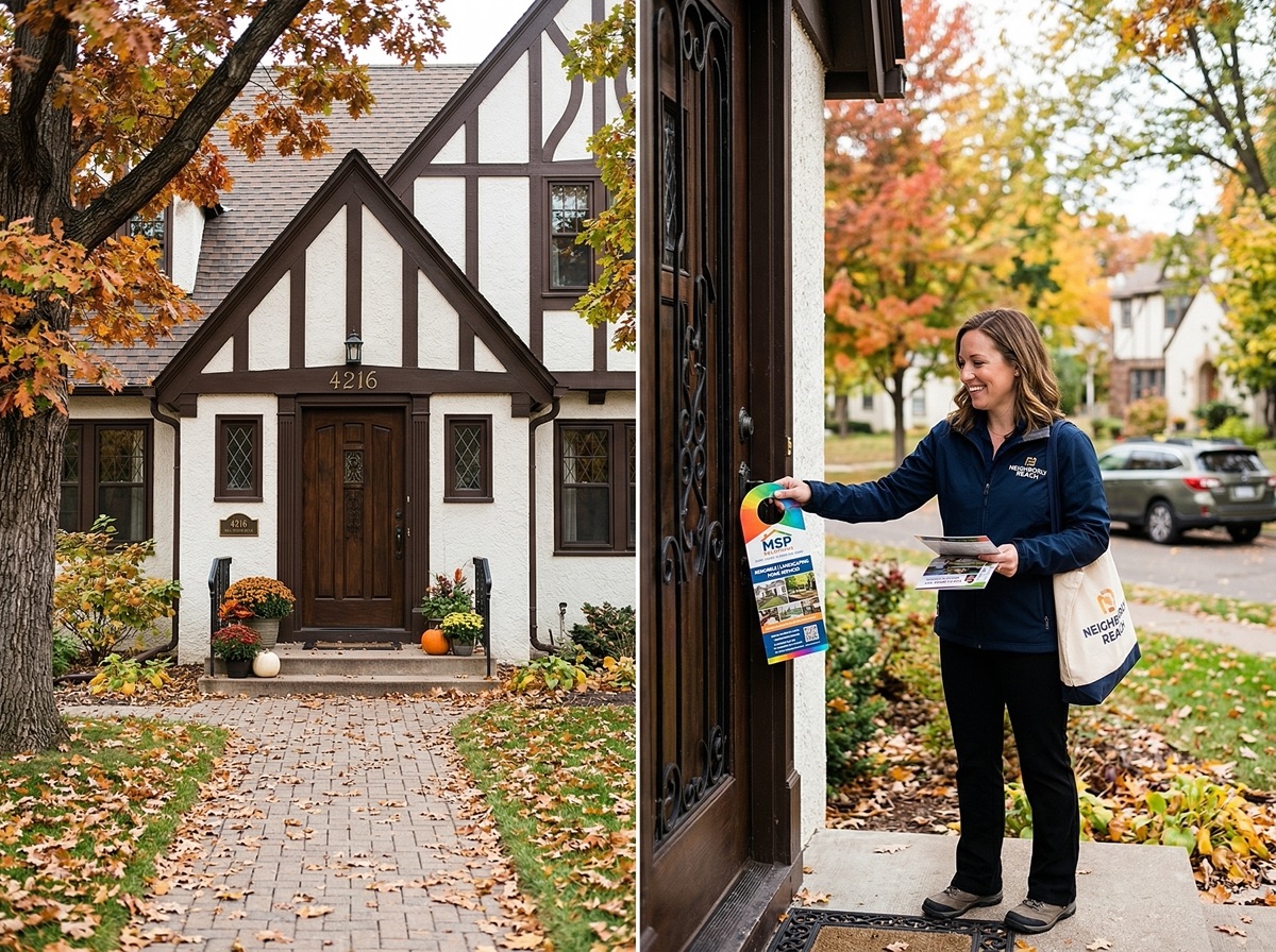 Professional distributor delivering flyers door-to-door across Minneapolis-St. Paul neighborhoods