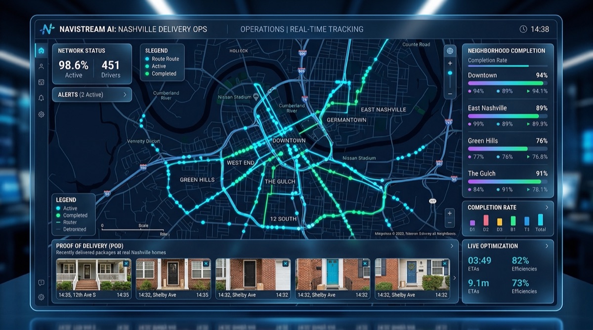 AI Management Platform dashboard displaying real-time delivery tracking and proof of delivery for Nashville campaigns