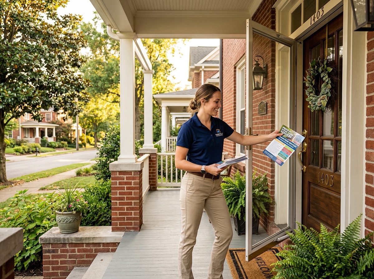 Professional door hanger delivery in progress across Nashville residential neighborhoods