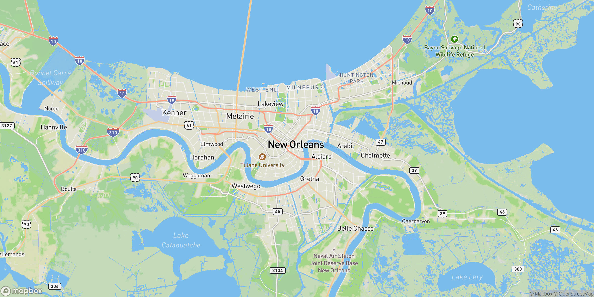 New Orleans metropolitan area coverage map showing 7-parish door hanger distribution area including Orleans, Jefferson, St. Tammany, St. Bernard, Plaquemines, St. Charles, and St. John the Baptist parishes