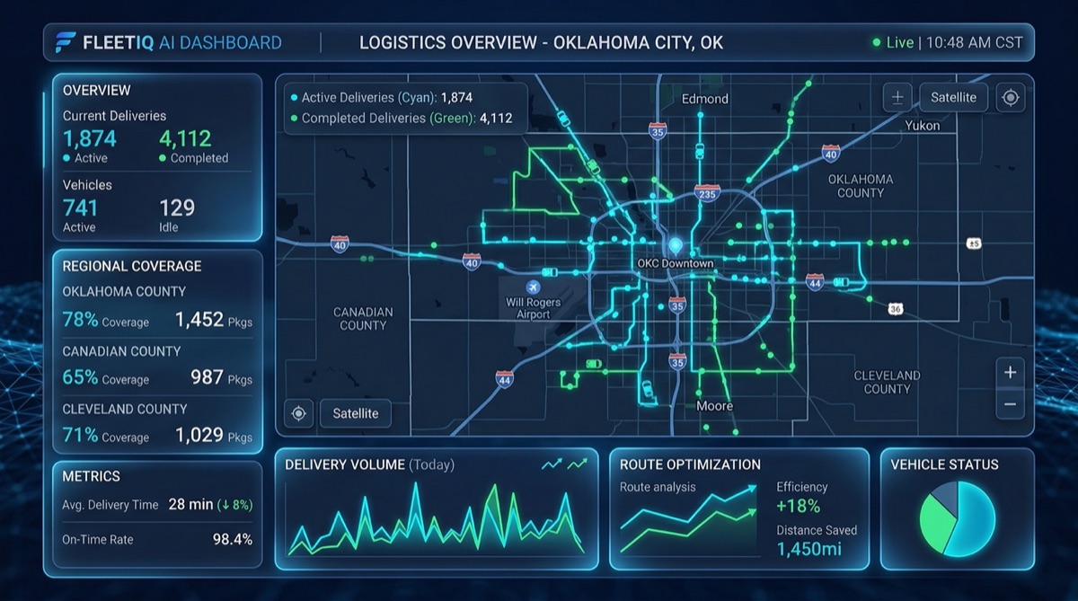 AI Management Platform dashboard showing Oklahoma City door hanger delivery verification and proof of delivery