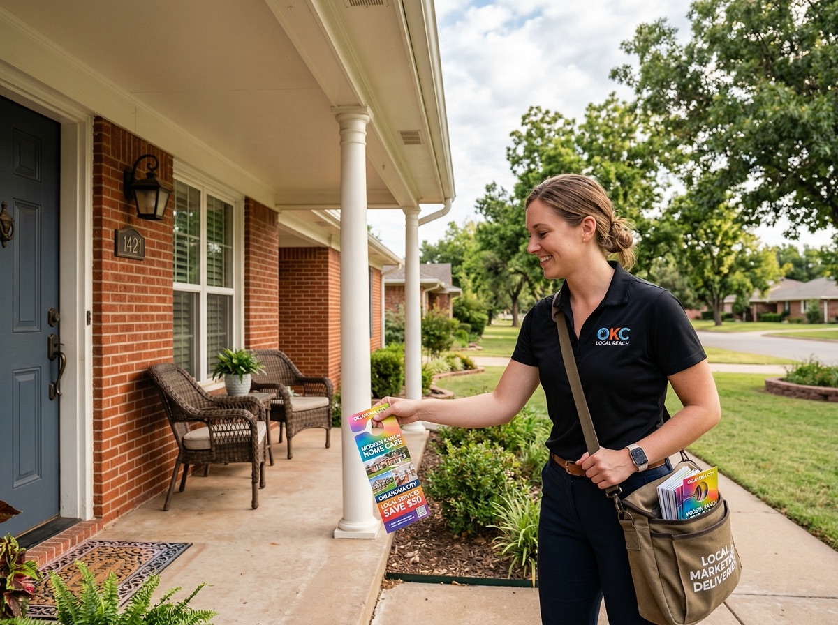 Door hanger being delivered to an Oklahoma City home by a professional distributor