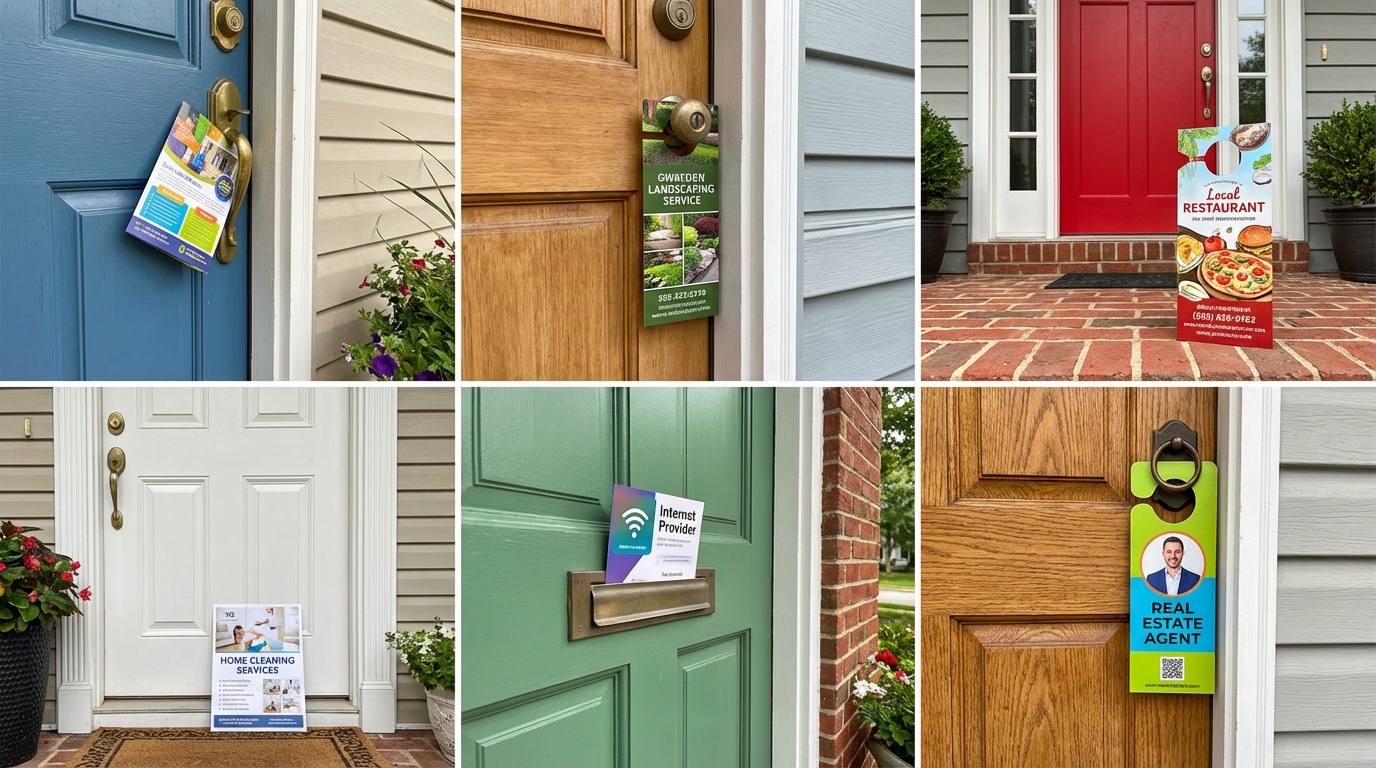 Collage of Proof of Delivery photos showing door hangers delivered to residential doors across the Memphis tri-state metro area
