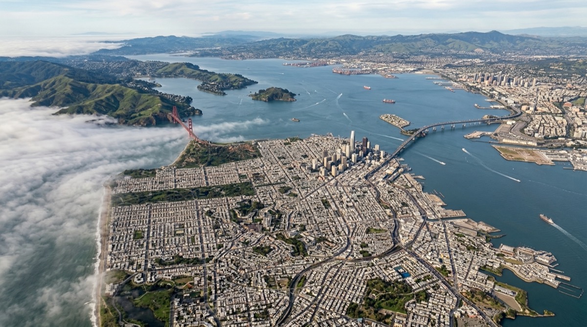Aerial view of San Francisco Bay Area showing distribution coverage territory