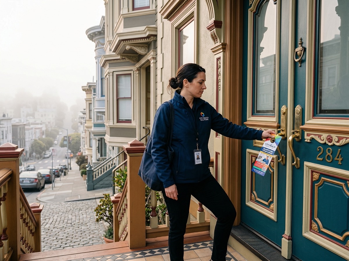 Door hanger being placed on a San Francisco Victorian home front door