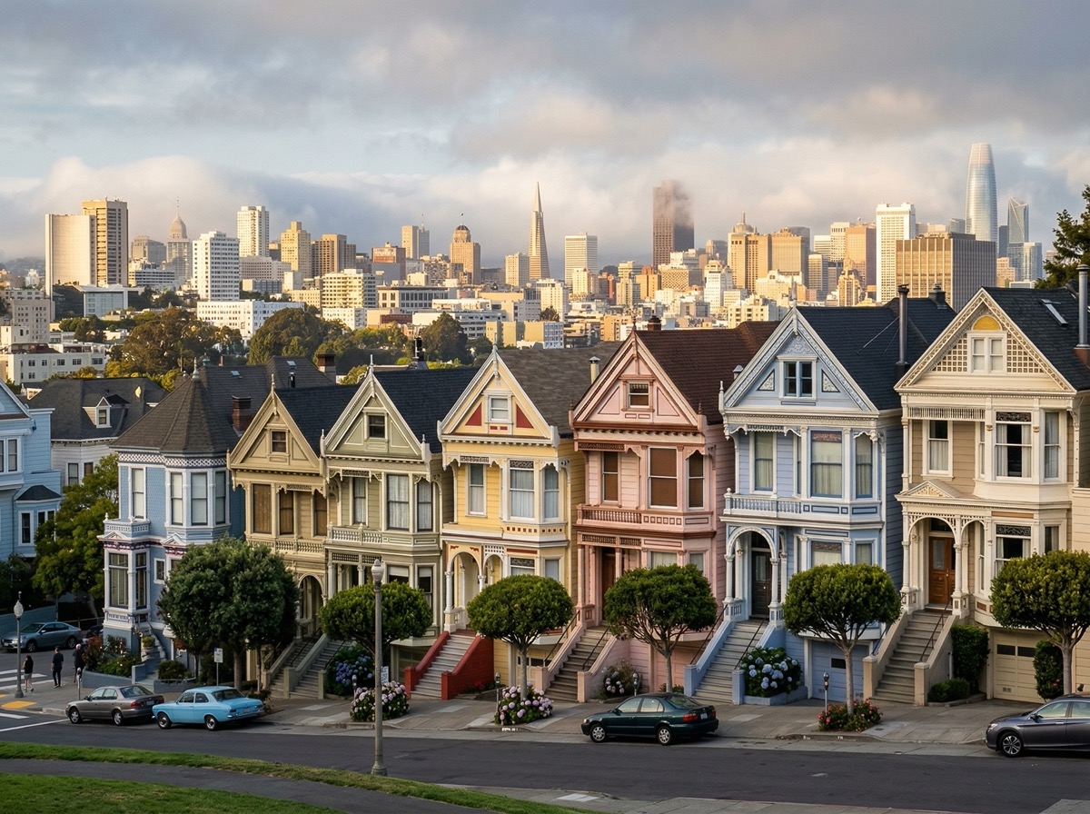 Iconic San Francisco Victorian painted ladies row houses on steep hill