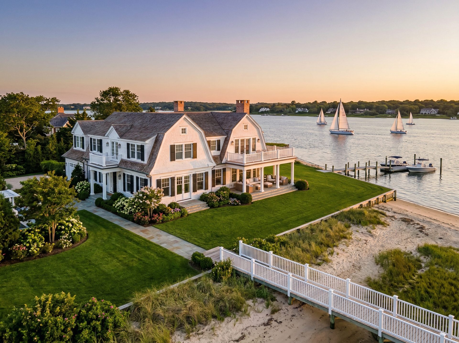 Luxury waterfront estates in Southampton with Hamptons architecture and manicured lawns