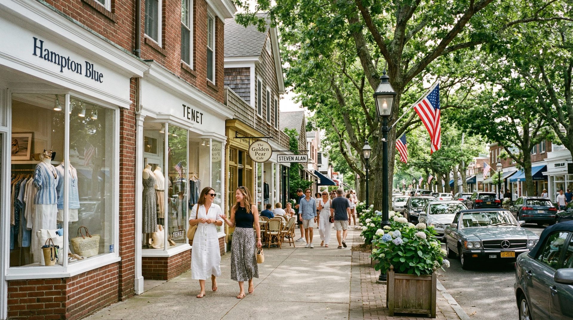 Southampton Village shopping district with upscale boutiques and tree-lined streets