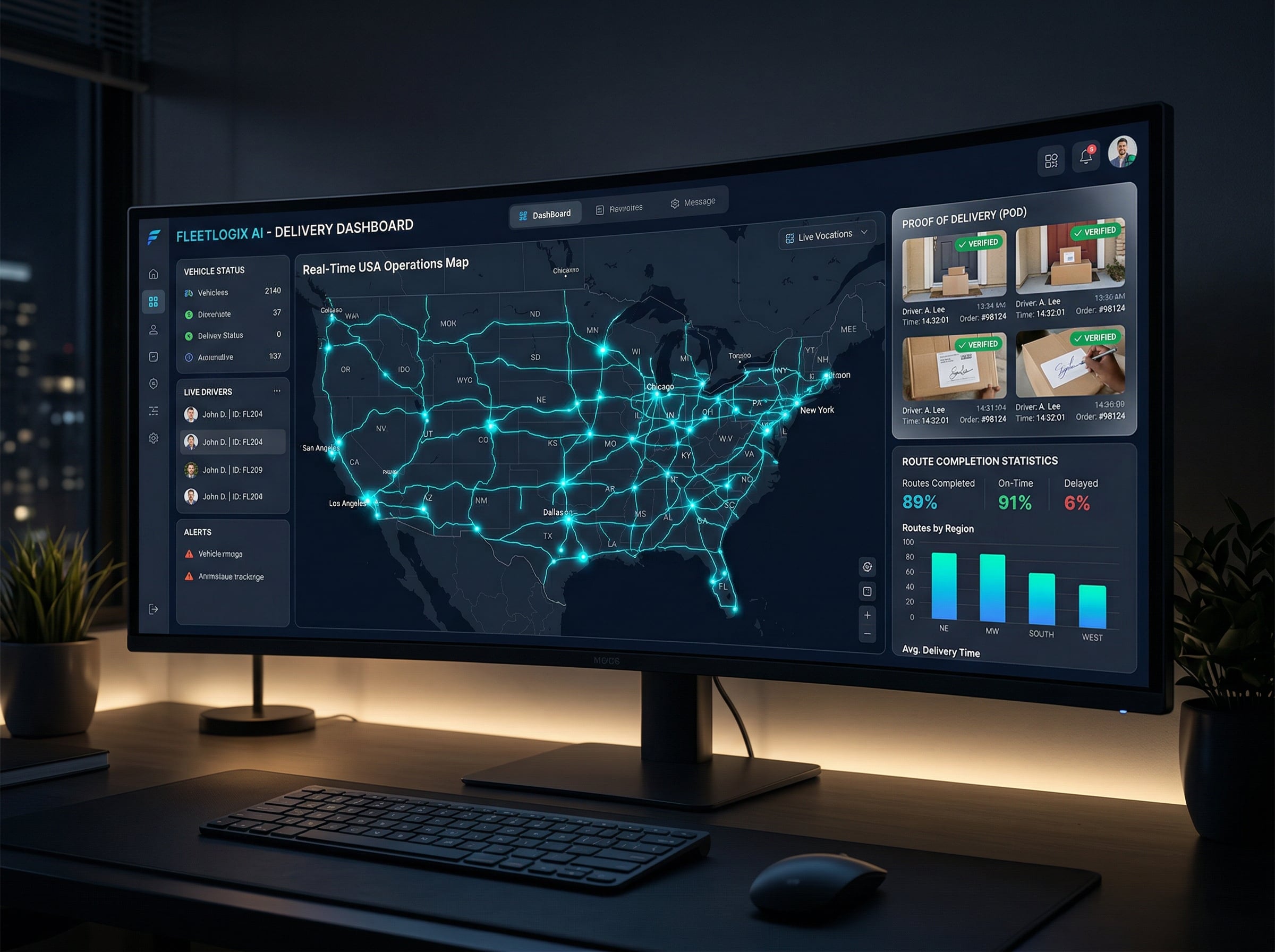 Direct to Door AI Management Platform dashboard showing real-time delivery tracking and Proof of Delivery verification