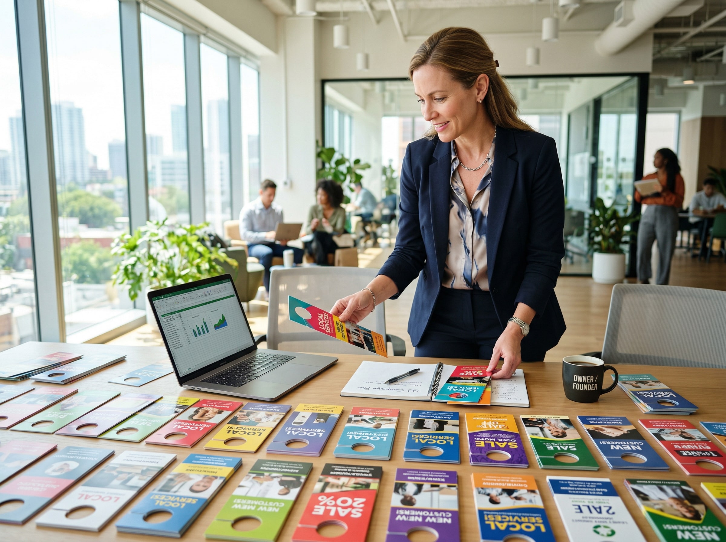 Business owner reviewing door hanger marketing materials during a campaign planning session