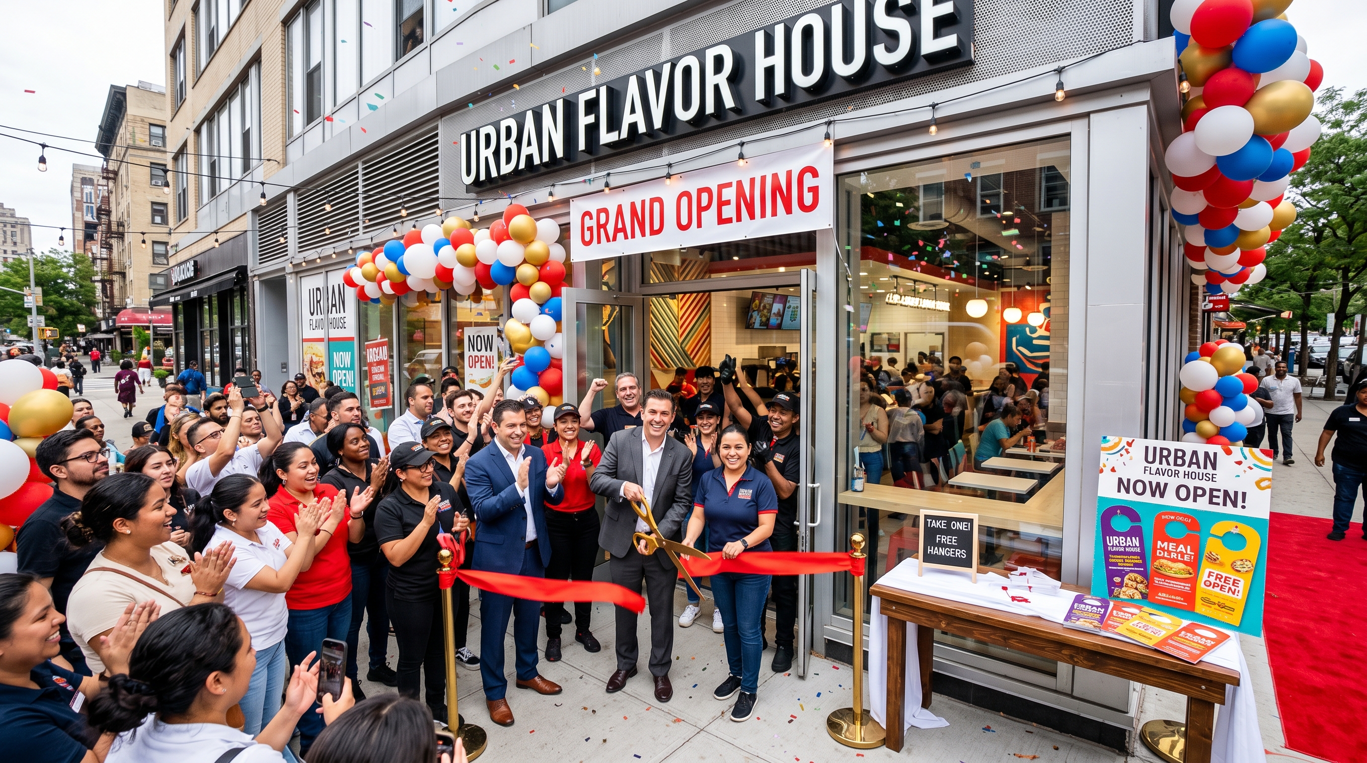 Grand opening celebration at franchise restaurant with door hanger promotion