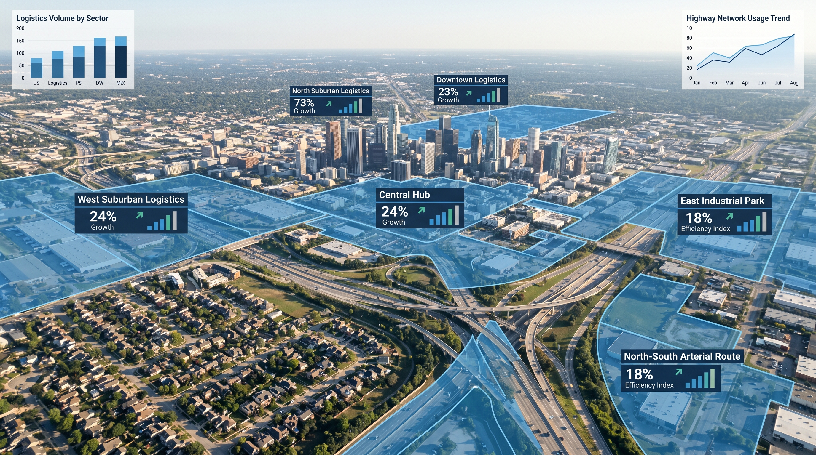 Aerial view of metro area with distribution coverage zones highlighted