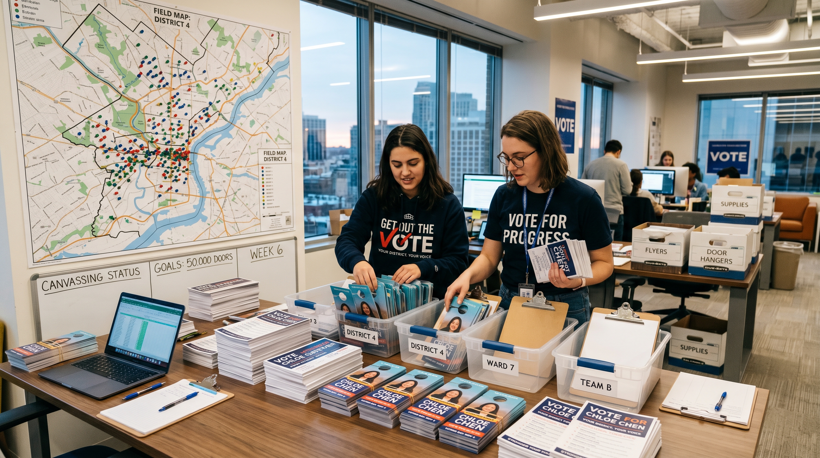 Political campaign headquarters with citywide distribution planning