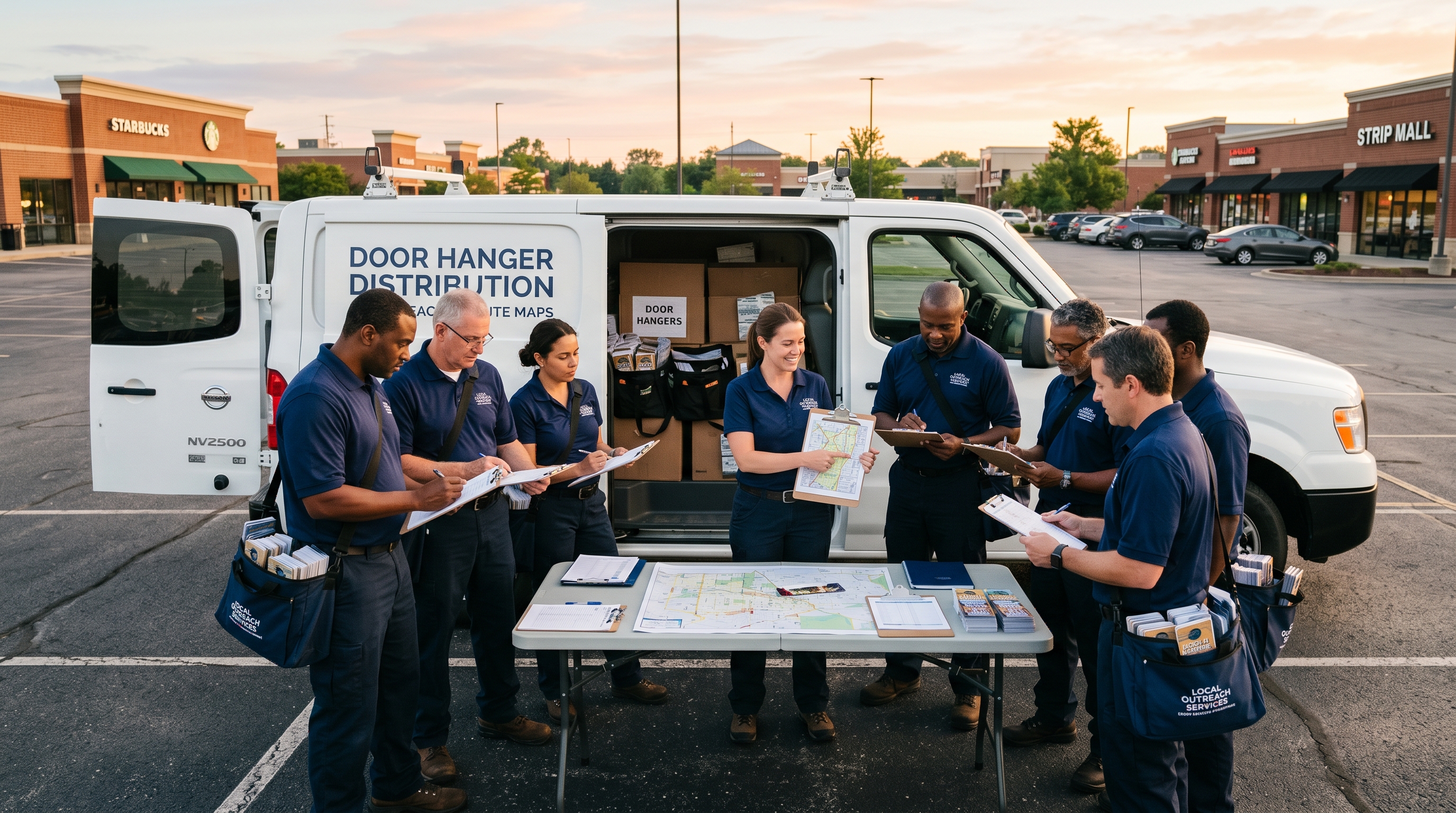 Professional distribution team preparing for citywide campaign deployment