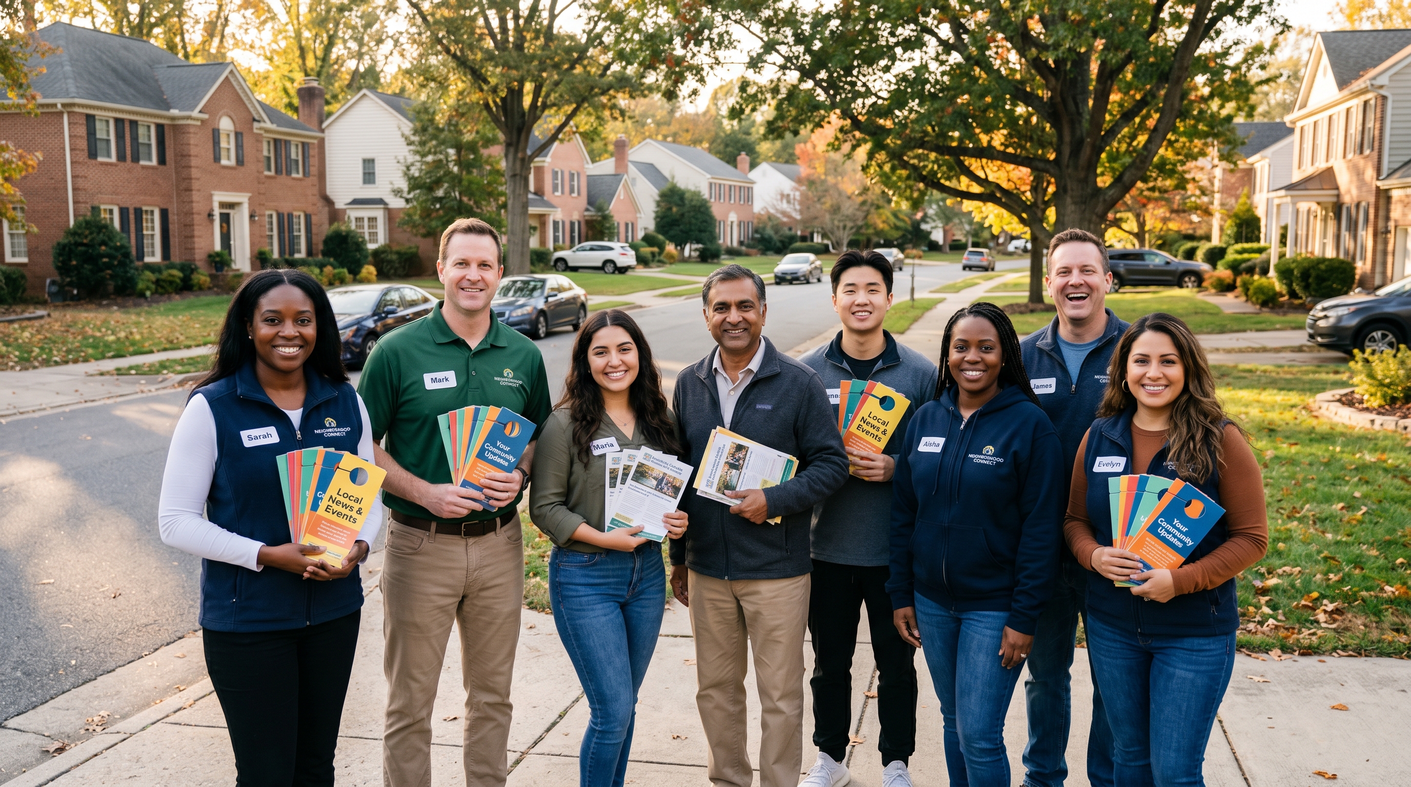 Diverse group of local door hanger distributors representing community-first distribution model