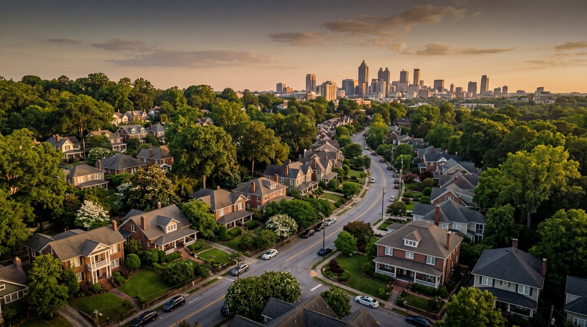 Beautiful Atlanta residential neighborhood at golden hour