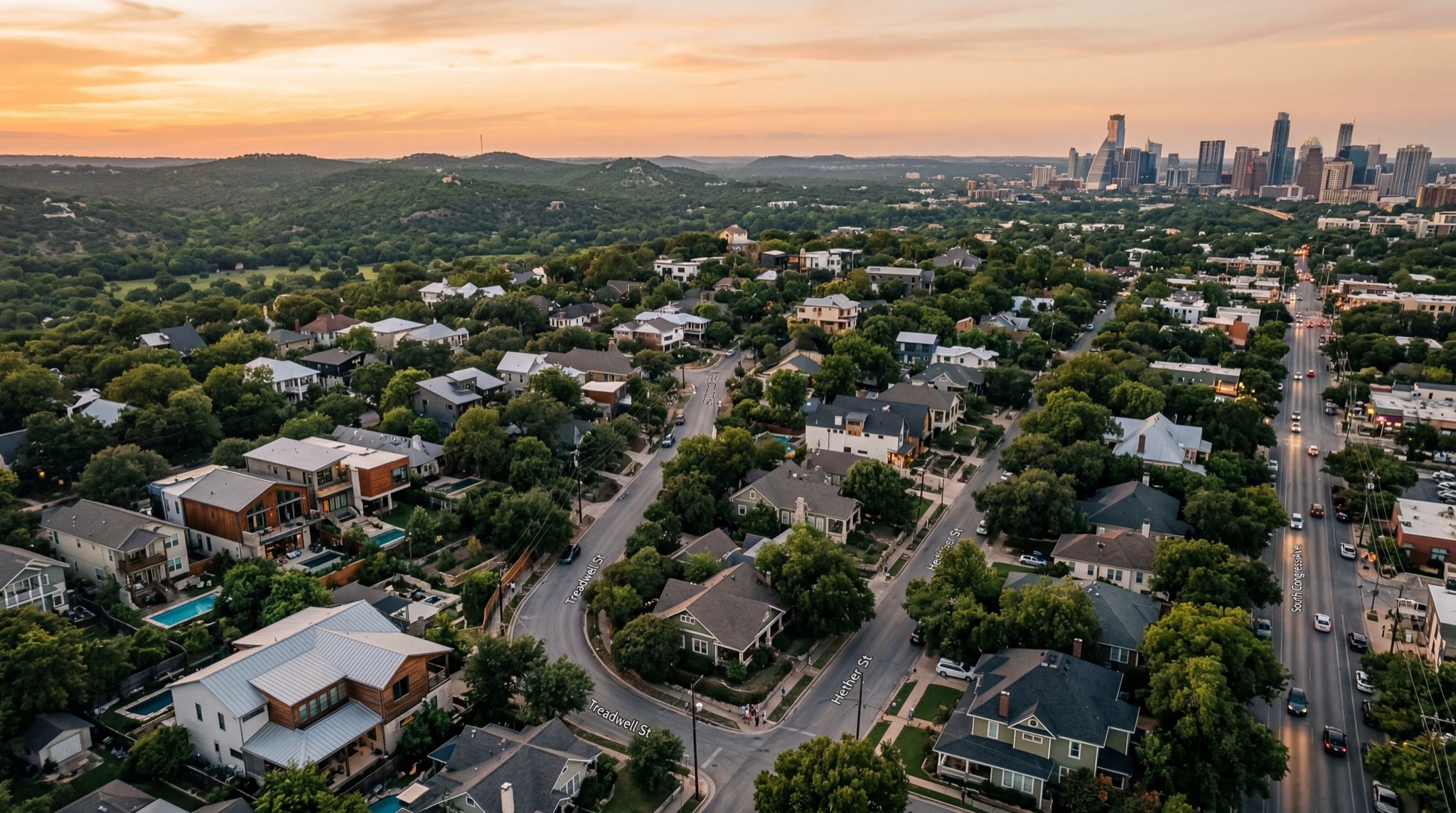 Beautiful Austin residential neighborhood at golden hour