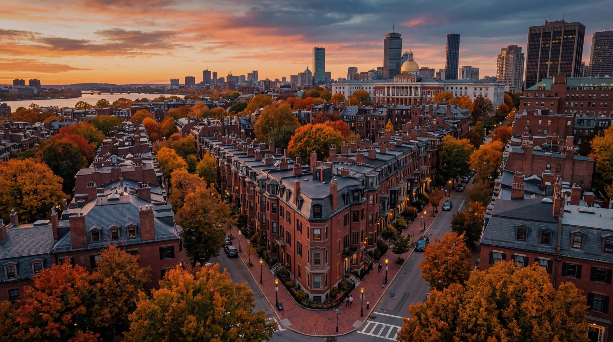 Beautiful Boston residential neighborhood at golden hour