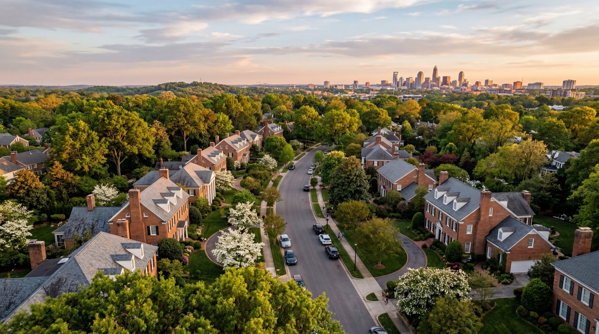 Beautiful Charlotte residential neighborhood at golden hour